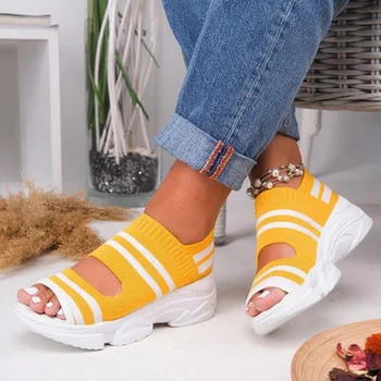 Casual Sko til Kvinder, Sommer, Sneakers Slip På Kvinders Sandaler 2021 Stretch Stof Kvindelige Sko Peep Toe Platform Damer Fodtøj