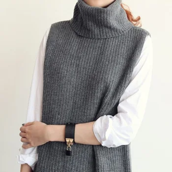 Efteråret ny uld strikket vest kvinder er høj krave uld skulder midten lang koreanske version løse ærmer