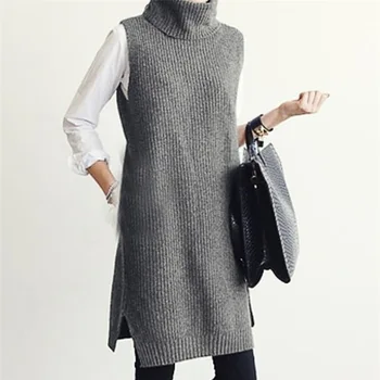 Efteråret ny uld strikket vest kvinder er høj krave uld skulder midten lang koreanske version løse ærmer
