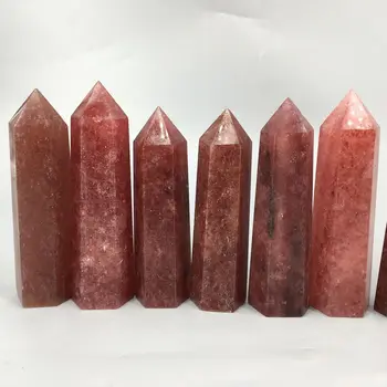 Naturlig Jordbær Kvarts Obelisk Crystal Stick Punkt Reiki Healing