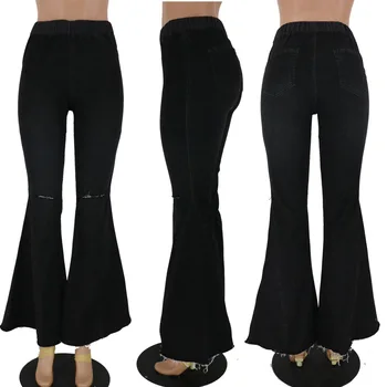 Sorte Slidte Jeans Kvinder, Forår Mode Tynde Elastiske Højtaljede Bell Bottom Jeans Kvinde Årgang Mørke Blå Kvast Flare Pants