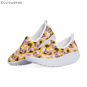 ELVISWORDS Højde Stigende Kvinder Sommeren Mesh Sko 3D Farve Butterfly Flower Trykt Lejligheder Platform Kvindelige Casual POD Sneakers