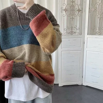 Efterår og Vinter Nye Trøjer Sweater Casual Patchwork Mænds Sweater Mode Regnbue O-Hals Strik Pullover med Høj Kvalitet