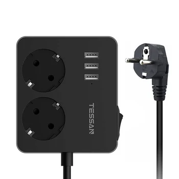 TESSAN EU-USB-Stik med 2 Stikkontakter, 3 USB-Porte og Skifte 1,5 Meter Kabel Portable Power Strip med Overstrømsbeskyttelse