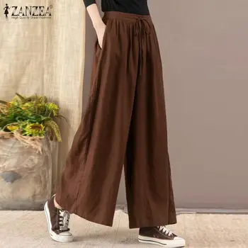 Casual Elastisk Talje Solid Bukser ZANZEA Bred Ben Bukser Kvinder Vintage Pantalon Palazzo Foråret Maxi koreanske Culotte
