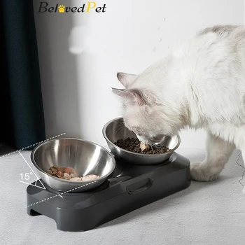 Rustfrit Stål Kattefoder-Arkføderen Dobbelt Skåle, Justerbare 15 Grader Non-Slip Dispenser Pet Drikke Vand Skåle Forhindre Kvælning