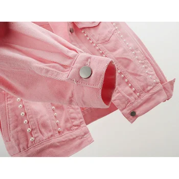 2021 Forår Mode Pink White Denim Jakke Kvinder Frakke Studerende Overtøj Chaqueta Mujer Løs Kort Perlebesat Jeans Jakker Kvinder