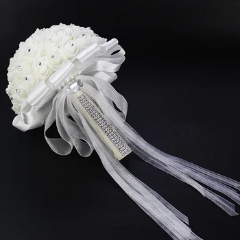 Hvid Rhinestone Bånd Bridal Wedding Bouquet Håndlavede Kunstige Holde Blomster til Bryllup, Brudepige Buketter