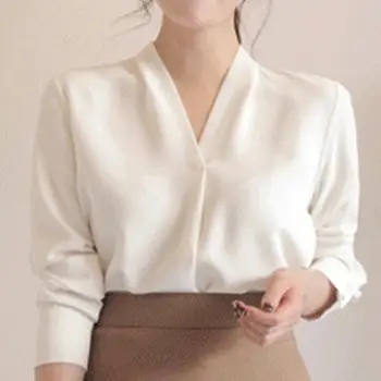 Kvinder Solid Farve-matchede Polyester V-hals Kontor Chiffon Skjorte Stilfulde Løs Åndbar langærmet Toppe Hud-venligt