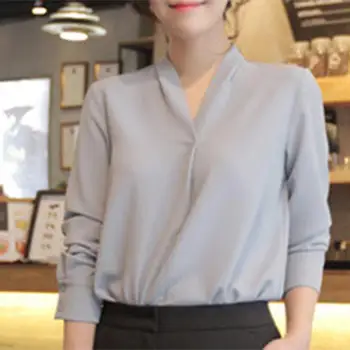 Kvinder Solid Farve-matchede Polyester V-hals Kontor Chiffon Skjorte Stilfulde Løs Åndbar langærmet Toppe Hud-venligt