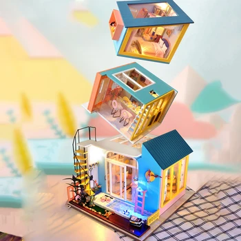 DIY-dukkehus Møbler med LED-lys Miniature 3D Træ-Miniaturas Hus Casa Dukkehus Legetøj til Børn Julegaver