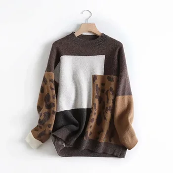 2020 Kvinder Sweater Og Pullovere O-Hals Langærmet Vintage Strikket Leopard Kvinder Sweater Efterår Pullovere