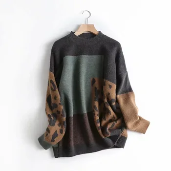 2020 Kvinder Sweater Og Pullovere O-Hals Langærmet Vintage Strikket Leopard Kvinder Sweater Efterår Pullovere