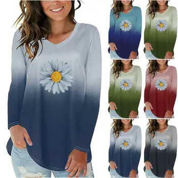Kvinder Med Lange Ærmer Gradient Daisy Blomst Trykt Pullover V-Neck T-Shirt, Tunika