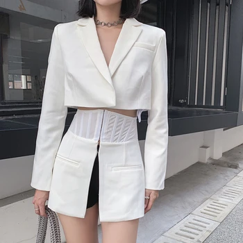 Elegante Kvinder Blazere Revers Krave Langærmet Tunika Patchwork Hvid Casual Split, Der Passer Til Kvinder 2021 Mode Tøj Tidevandet