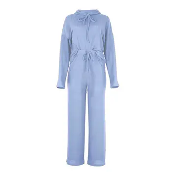 Pyjamas Sæt Kvinder Efteråret Fritid elegance langærmet Hættetrøje Bred Ben Bukser Strikket Tøj Lounge Wear Set Kvinder Søvn 2021