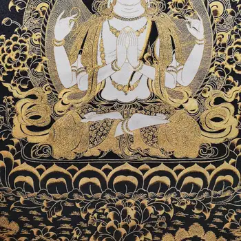 Thangka Broderi Black Gold Fire-arm Guanyin Klud Maleri Portræt Hvid Tara Bodhisattva