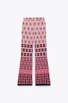 2021 Kvinder Vintage Geometriske Print Casual Pink Slim Flare Pants Retro Kvindelige Smarte Farve Match Retro Lange Bukser Streetwear
