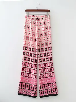2021 Kvinder Vintage Geometriske Print Casual Pink Slim Flare Pants Retro Kvindelige Smarte Farve Match Retro Lange Bukser Streetwear