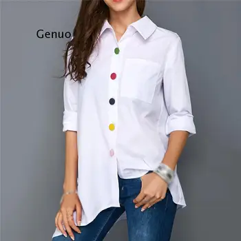 Fashion Kvinder Tunika Bluse Efteråret Plus Size Langærmet Hvid Skjorte Farverige Knappen Lomme Kvindelige Top-Large Størrelse Tøj