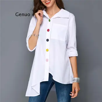 Fashion Kvinder Tunika Bluse Efteråret Plus Size Langærmet Hvid Skjorte Farverige Knappen Lomme Kvindelige Top-Large Størrelse Tøj