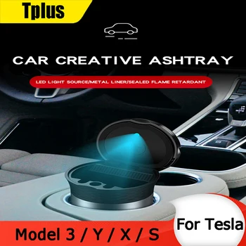 Tplus 2021 Bil Blå LED Lys Askebæger For Tesla Model 3 / X / Y / S cigaretholder Dekorative Indvendige Tilbehør