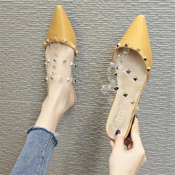 Kvinders sko for ydre slid 2021 nye sommer damer mode nitter pegede fladskærms halvdelen træk tøfler