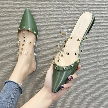 Kvinders sko for ydre slid 2021 nye sommer damer mode nitter pegede fladskærms halvdelen træk tøfler