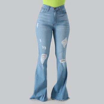 MoneRffi Kvinder, Høj Talje Denim Jeans Slim Flare Pants Tynde Bodycon Klokke Bunde Bukser Plus Size Sexet Vintage Hul Rippet Jean