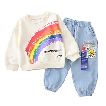 Nye Baby Drenge koreansk Modetøj Passer Barn GirlsGraffiti Rainbow T-shirt+denim Bukser Kids Efterår Forår Sæt Tøj
