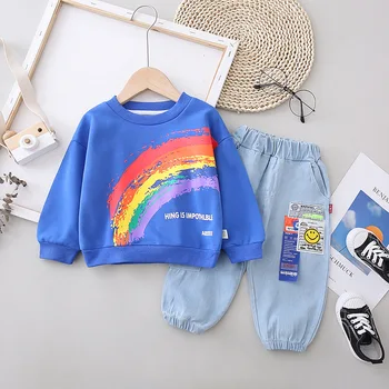 Nye Baby Drenge koreansk Modetøj Passer Barn GirlsGraffiti Rainbow T-shirt+denim Bukser Kids Efterår Forår Sæt Tøj