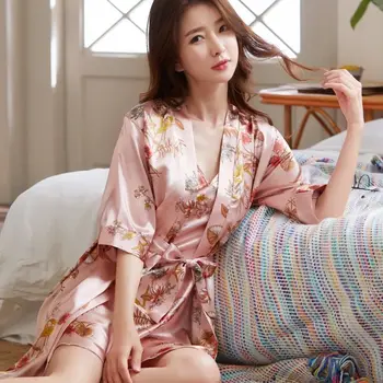 Nattøj Kvinder Pyjamas Sæt Satin Nattøj Spaghetti Strop Blonder Sove Lounge Pijama Sexet Patchwork To-stykke Kimono Pyjamas