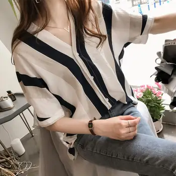 2021 Sommer Tøj koreanske Nye Mode Løs Plus Size V-hals Stribet Skjorte Kvinder kortærmet Bluse Damer Top Blusas Y933