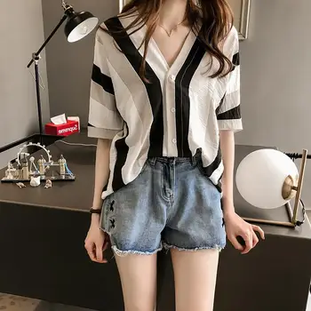 2021 Sommer Tøj koreanske Nye Mode Løs Plus Size V-hals Stribet Skjorte Kvinder kortærmet Bluse Damer Top Blusas Y933