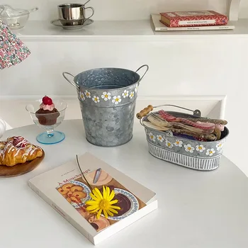 Mode Bærbare Præget Af Smedejern Tørret Flower Pot Vase Opbevaring Spand Desktop Balkon Haven Opbevaring Indretning