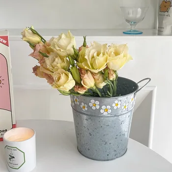 Mode Bærbare Præget Af Smedejern Tørret Flower Pot Vase Opbevaring Spand Desktop Balkon Haven Opbevaring Indretning