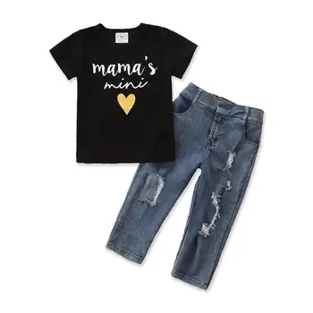Buksetrold Piger, Tøj Sæt Kids-kortærmet Mama ' s Mini Brev Trykt T-shirt, Top + Hule ud Jeans, Casual Outfits Sæt