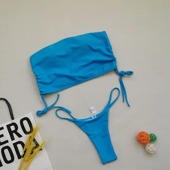 Kvinder med Lav Talje Badedragt 2021 To-delt Bikini Solid Tube Top Badetøj Bue-knude Badetøj Sexet g-streng Sommer badetøj S-XL