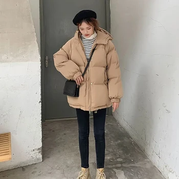 2021 Efterår og Vinter Jakke Til Kvinder Casual Hætteklædte Ned Bomuld Polstret Parkacoats Solid Løs Frakke koreanske Tyk Studerende Outwear XL