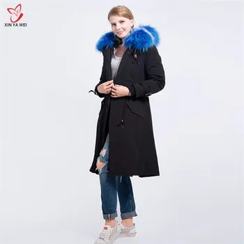 Kvinder parka med volumen vaskebjørn pels på hætte, vandtæt sort lang jakke med naturlige ræv pels foring og pels trim, vinter