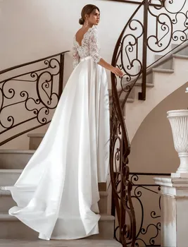 V-Hals Satin A-Linje 2021 brudekjolen Efteråret Nye Vintage Enkel langærmet Lace brudekjoler vestido de novia