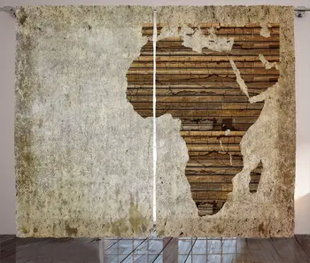 Afrikanske Gardiner Geografi Grunge Vintage Træ Planke og Kort Digitale Stue Soveværelse Vindue Gardiner
