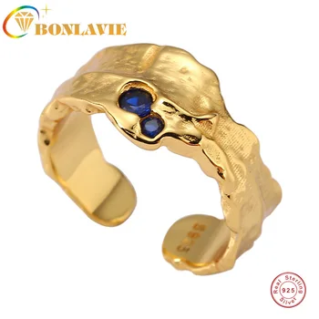 BONLAVIE S925 Sterling Sølv Safir Tekstur Ring Guld Uregelmæssige Niche Designer Enkelt Ring