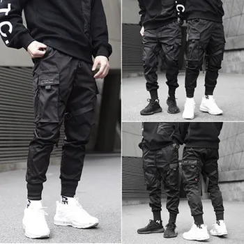 Mænd Cargo Pants Sorte Bånd Blok Multi-Lomme, Joggere Harajuku Sweatpant Hip Hop Casual Tidevandet Mandlige Bukser