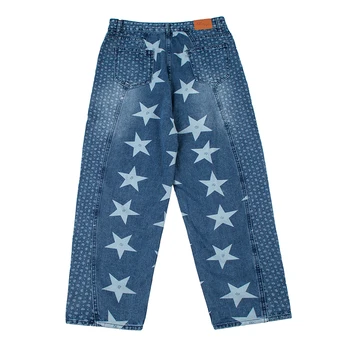 Vaskes Stjerner Embrodiery Streetwear Jeans, Bukser til Mænd og Kvinder Lige Rippet Oversize Japansk Casual Denim Bukser