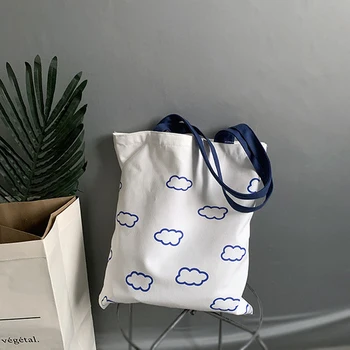 Damer Håndtasker Lærred Cloud Print Tote Bag Bomuld Klud Skulder Shopper Taske Til Kvinder 2021Eco Sammenklappelig Genanvendelige indkøbsposer