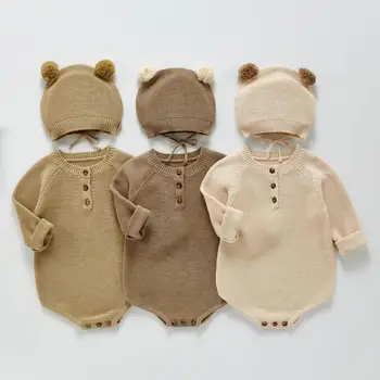 2021 Efteråret Nye Baby Langærmet Body Solid Spædbarn Dreng Strikket Heldragt Bomuld Baby Pige Strik Buksedragt Lille Barn Sweater + Hat