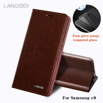 Luksus For Samsung c8 telefon sag, Olie, voks skin wallet flip Stand Holder-Kort Slots læderetui til at sende telefonen glas film