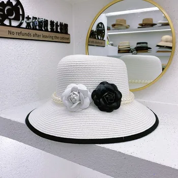 202106-kan-dudu sommer camellia pearl kæde nåde papir dame solen cap kvinder fritids-hat