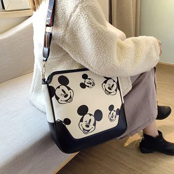 Nye 2021 Disney Tegnefilm Mickey Mouse PU Lærred Mode Håndtaske Rejse Daglige Fornødenheder Mickey Dame Messenger Taske